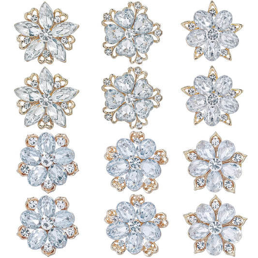 MEEDOZ Women's Lot 12pcs Crystal Rhinestone Marquise Teardrop Flower Brooch Pin Set For DIY Bridal Wedding Bouquet Kit (Gold Plated)