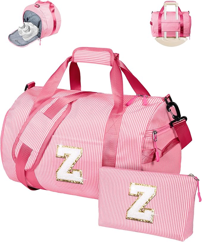 Birthday Gift for Daughter, Girl Gym Bag, Kids Initial Overnight Duffel Bags with Shoe Compartment, Personalized Travel Bag with Makeup Pouch, Preppy Things for Ballet Girls (Letter Z)