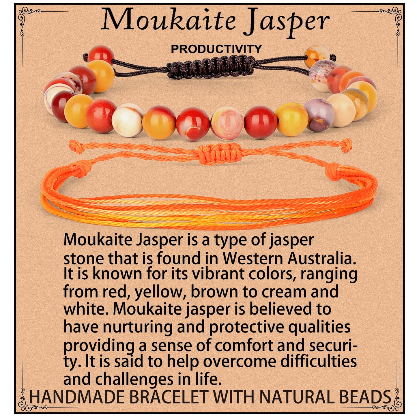 LPBeads 8mm Moukaite Jasper Bracelet with Handmade Rope Bracelet Size Adjustable Natural Stone Crystal Healing Bracelets Gifts for Unisex Adults