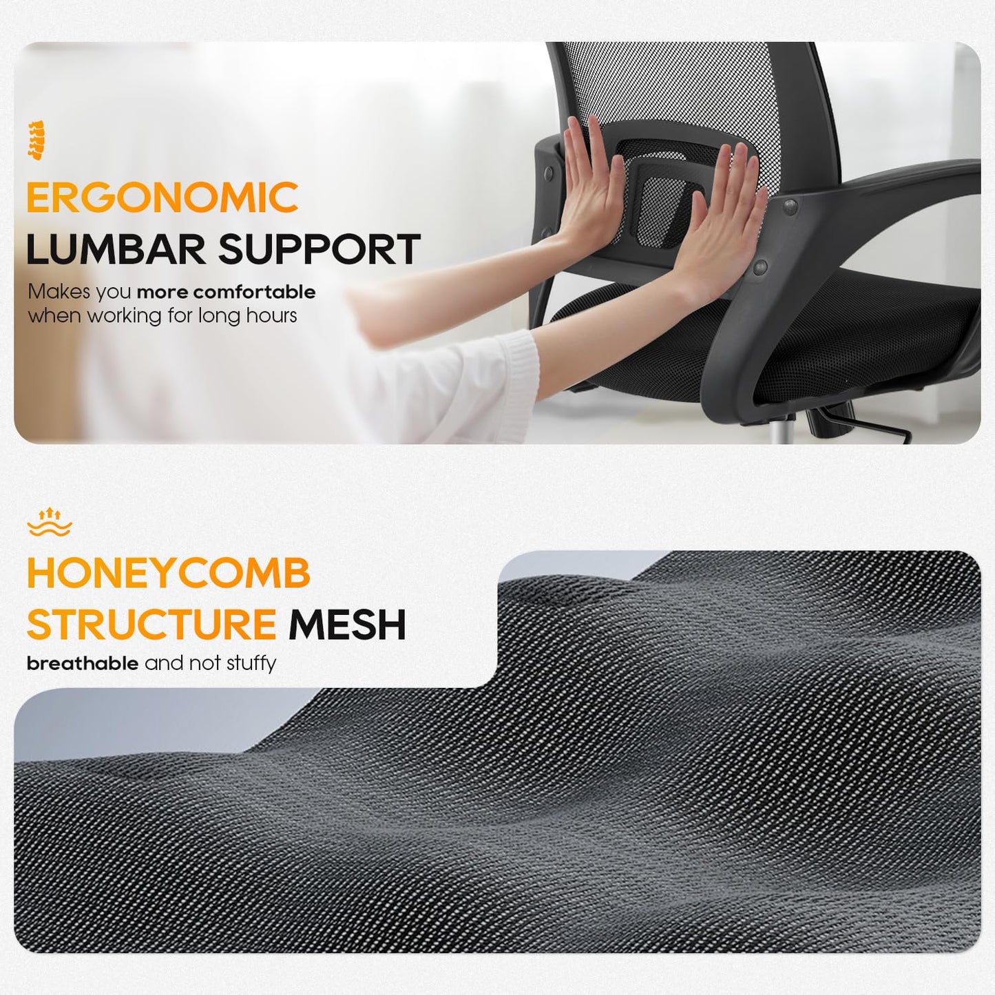 BestOffice | Ergonomic Office Chair | Mid-Back Swivel Desk Chair | Breathable Backrest & Lumbar Support | Adjustable Height | Sponge Seat | Rolling Wheels | Dark Black | for Adults & Women