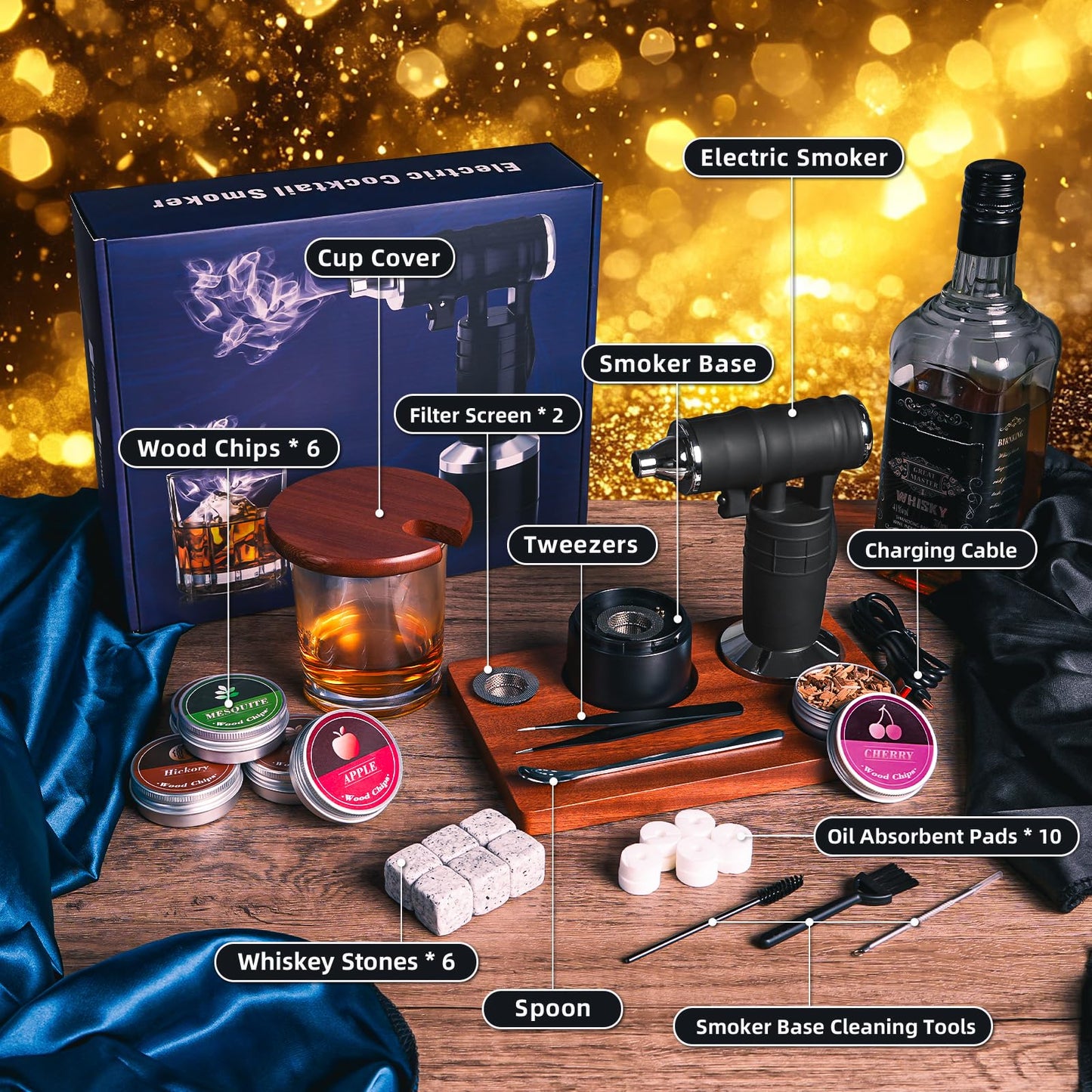 Whiskey Smoker Electric Set Bourbon Christmas Gifts for Men Old Fashioned Smoker Drink With 6 Wood Chips and 6 Whiskey Stones Food and Cocktail Smoked Kitchen Bar Tools Cool White Elephant Gifts Black