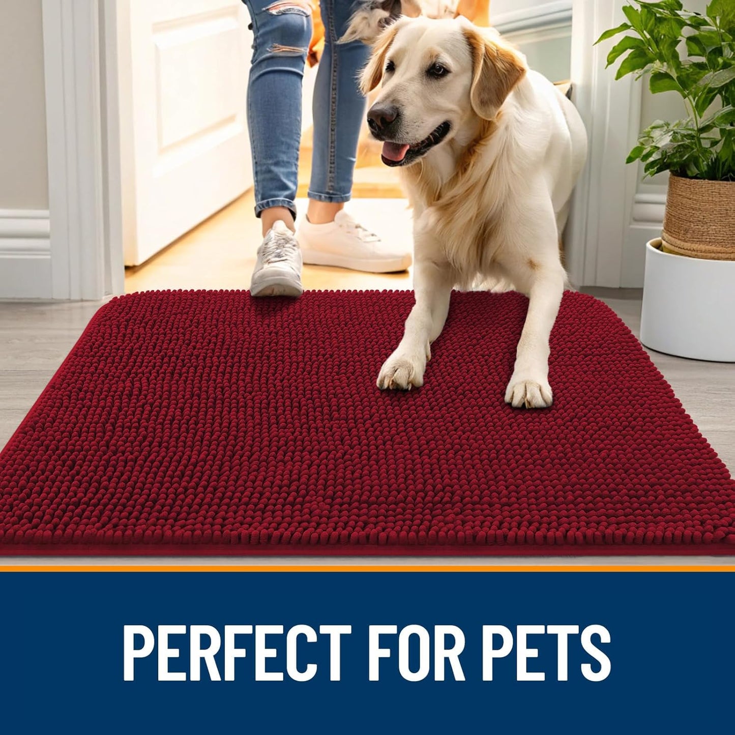 OLANLY Dog Door Mat - Absorbent Non-Slip Chenille for Muddy Paws | 59x32, Quick Dry Indoor Entryway Carpet, Red