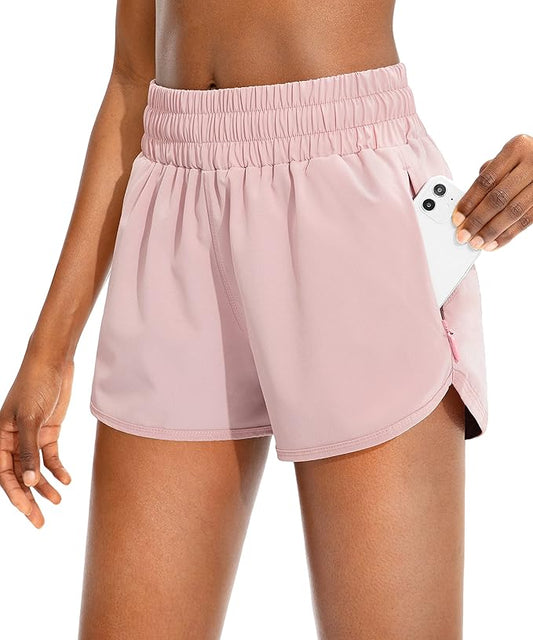 SANTINY Women's Running Shorts with Zip Pockets High Waisted Athletic Workout Gym Shorts for Women with Liner