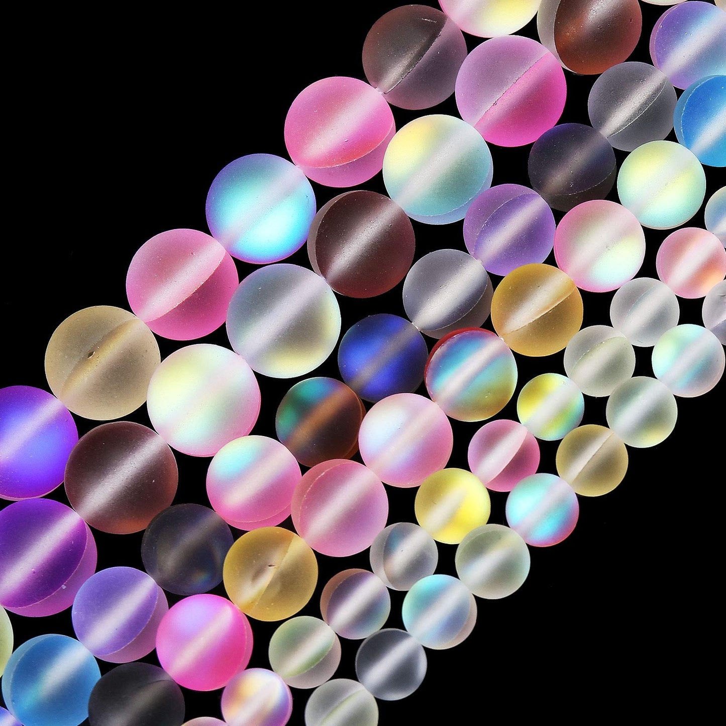 Matte Mixed Color Aurora Crystal Glass Beads, 6MM Frosted Glitter Shining Mermaid Round Loose Beads, Rainbow Holographic Synthetic Moonstone for Jewelry Making DIY Bracelet