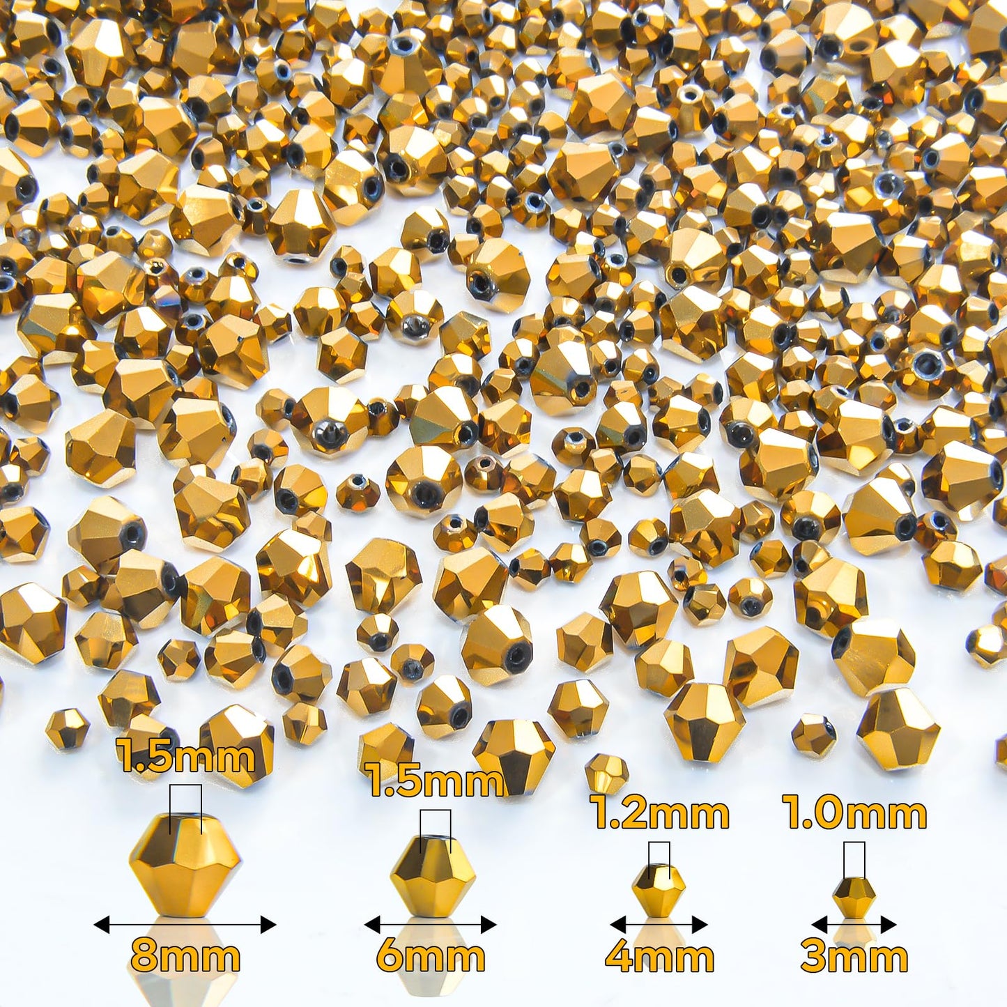 1550PCS Bicone Crystal Glass Beads Set for Jewelry Making, 3mm 4mm 6mm 8mm Sparkling Faceted Beads Sorted by Size for Bracelets, Necklaces, Suncatchers & DIY Crafts(Coffee Gold)
