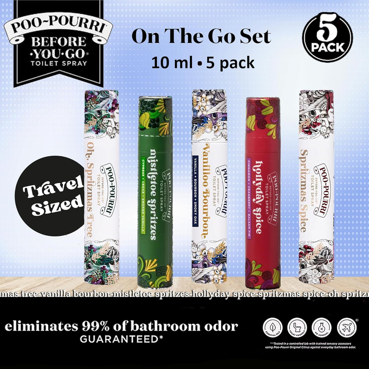 Poo-Pourri Travel Size Gift Set - Holiday Scents: Spritzmas Spice, Vanilla Bourbon & More | 5 Pack
