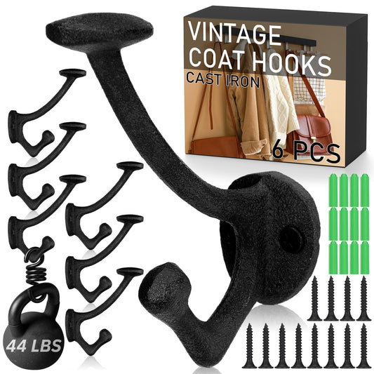 Duraaamo 6 Pcs Vintage Coat Hooks Cast Iron Wall Mounted Rustic Decorative Wall Hooks Heavy Duty Antique Metal Rack for Hanging Coats, Hats, Purse, Towels, Bags Coat Robe Door Farmhouse Decor(Black)
