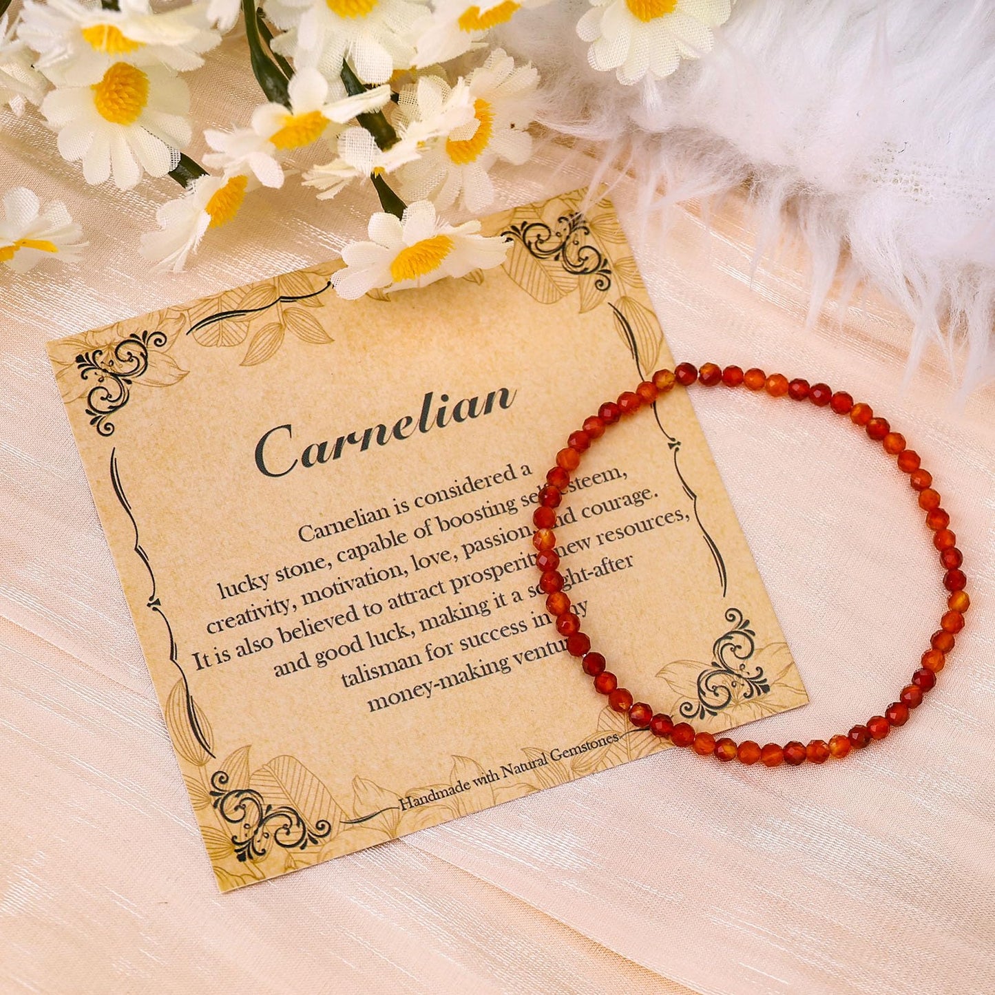 BONNY BOXX Natural Genuine Gemstone Faceted Round Beads Bracelets, 3mm Adjustable Stretchy Tiny Faceted Carnelian Bracelet, Healing Crystal Reiki Chakra Dainty Jewelry Fashion Gifts