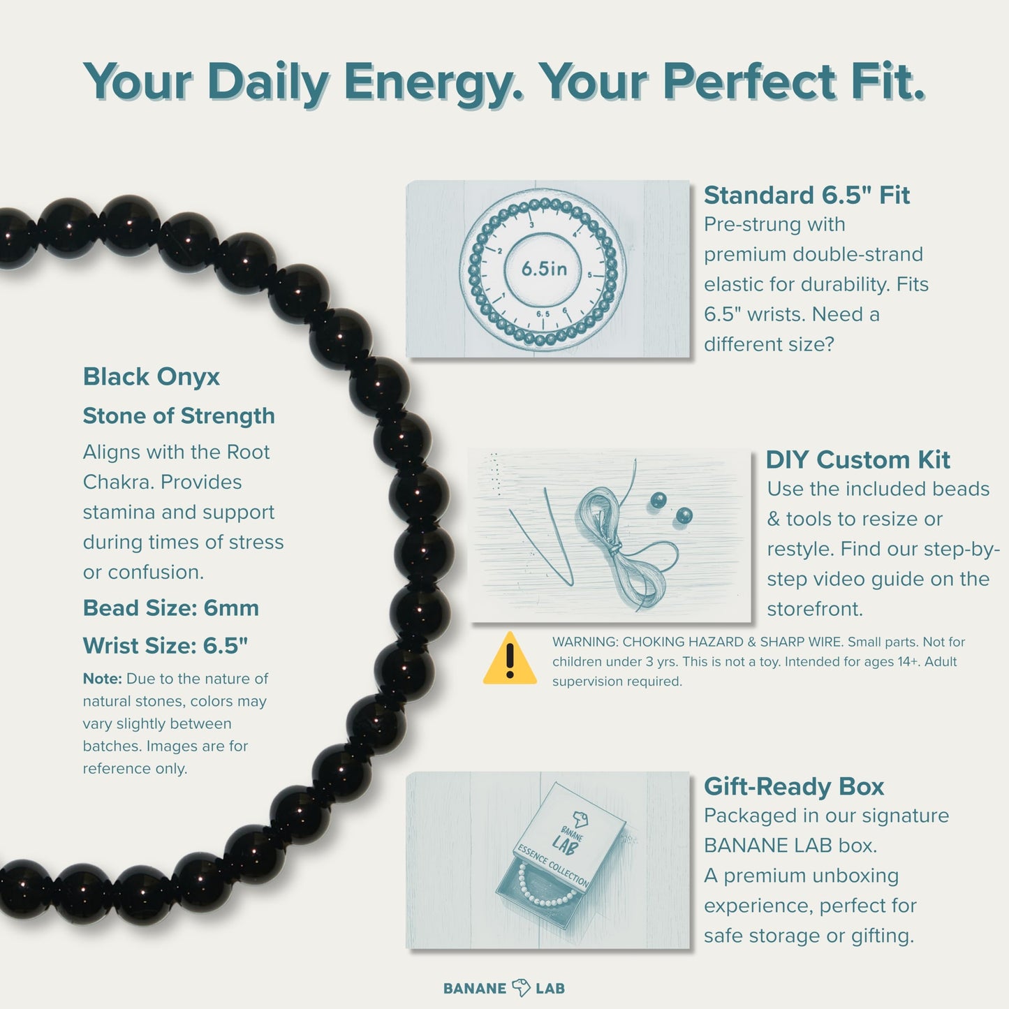 BANANE LAB Black Onyx Bracelet for Men Women 6mm - Real Natural Crystal Bead Stretch Bracelets - Standard 6.5" Wrist Fit with DIY Repair Kit (Elastic String & Extra Beads) - Classic Healing Jewelry