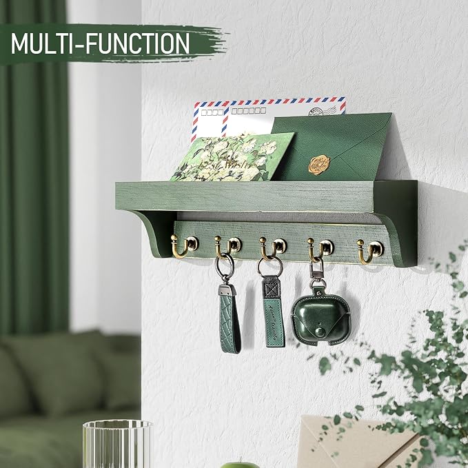 Rebee Vision Farmhouse Pine Wood Key Holder Wall Mount with Shelf for Home Improvement - Rustic Wall Mail Holder for Farmhouse Room Decor - Perfect Mail Organizer for Home (Green)