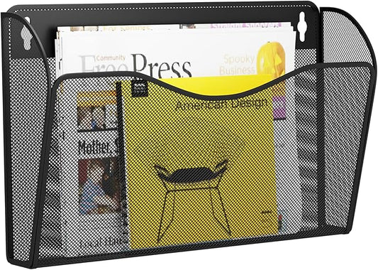 Single Pocket Wall File Holder, Mesh Hanging File Folder Paper Organizer, Vertical Wall Mounted Mail Basket, Storage Organization Magazine Rack for Office, Home and School, Black
