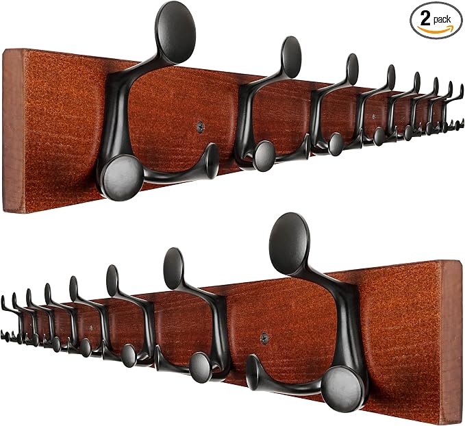 SKOLOO 43-Inch Cherry Wood Coat Rack Wall Mount with 8 Triple Hooks - Ideal for Family Entrances, Classrooms, and Pet Supplies Storage - Perfect Coat Hooks for Wall, Pack of 2