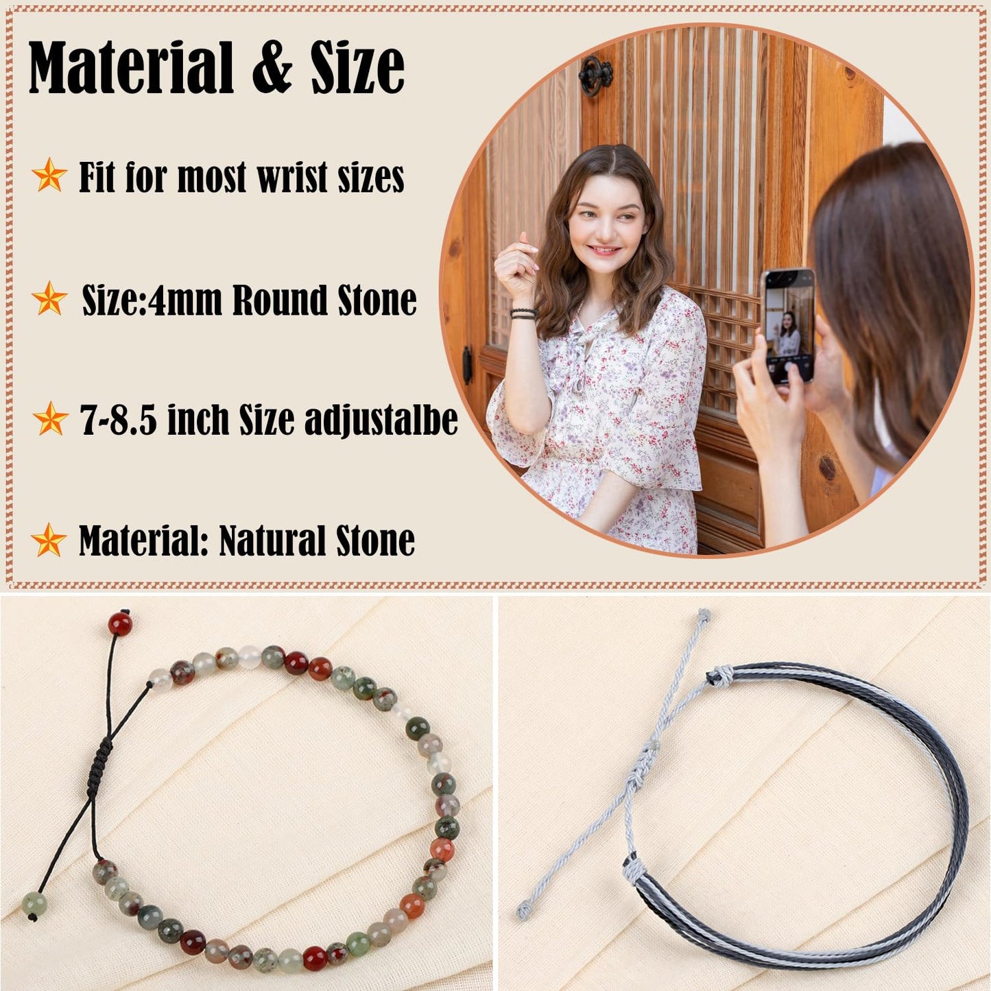 LPBeads 4mm African Bloodstone Bracelet with Handmade Rope Bracelet Size Adjustable Natural Stone Crystal Healing Bracelets Gifts for Unisex Adults