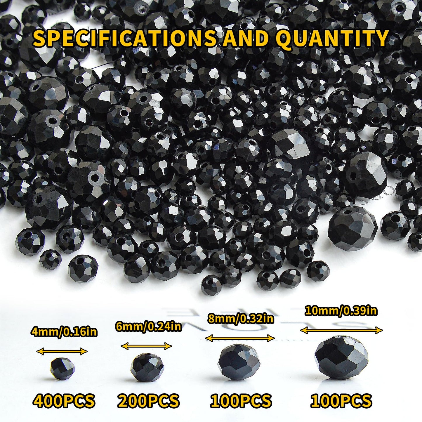 Laopottbeads 800Pcs 4/6/8/10mm Round Crystal Glass Beads for DIY Jewelry, Ideal for Bracelets, Necklaces, Pendants, and Handmade Craft Projects(Black)