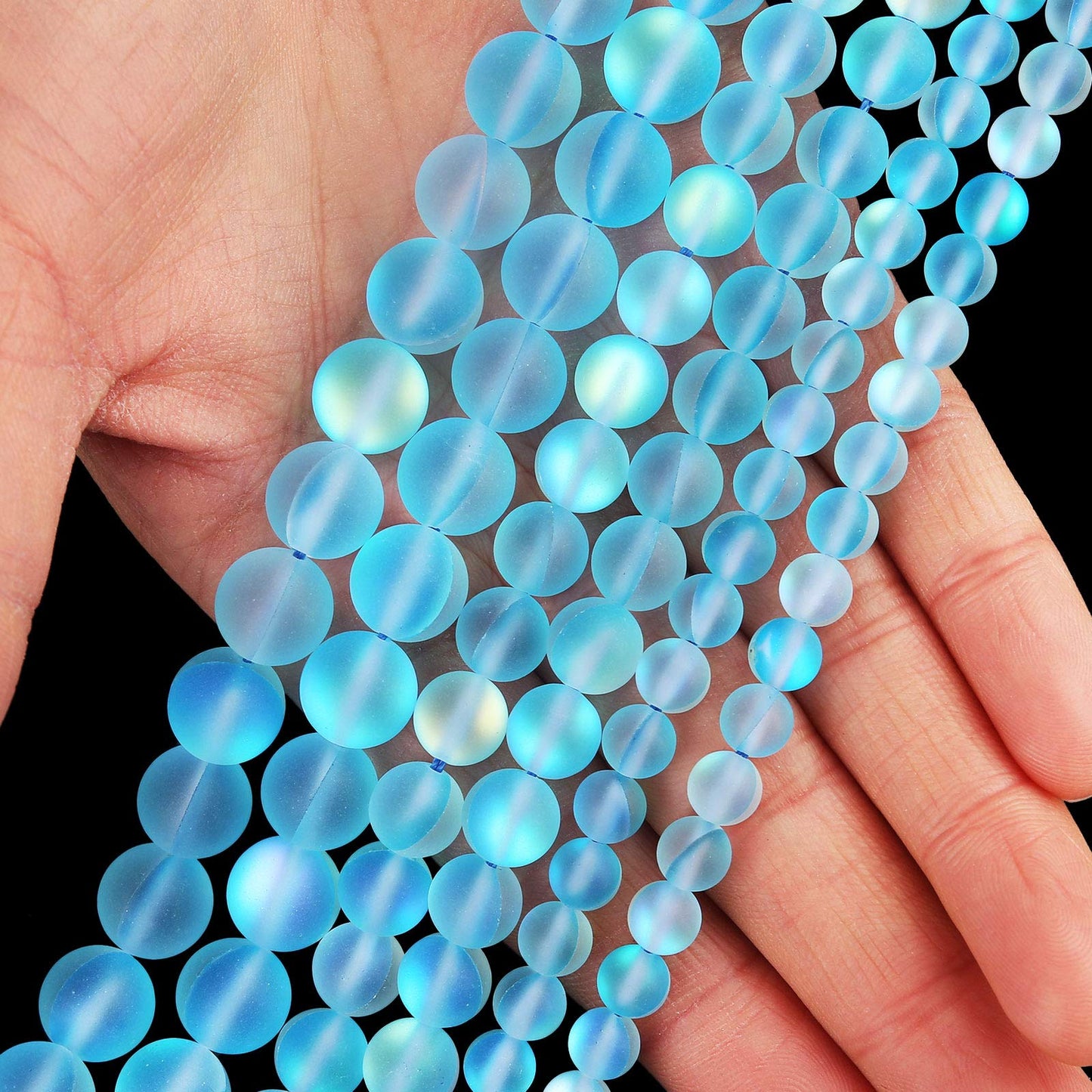Matte Aquamarine Aurora Crystal Glass Beads, 10MM Frosted Glitter Shining Mermaid Round Loose Beads, Rainbow Holographic Synthetic Moonstone for Jewelry Making DIY Bracelet