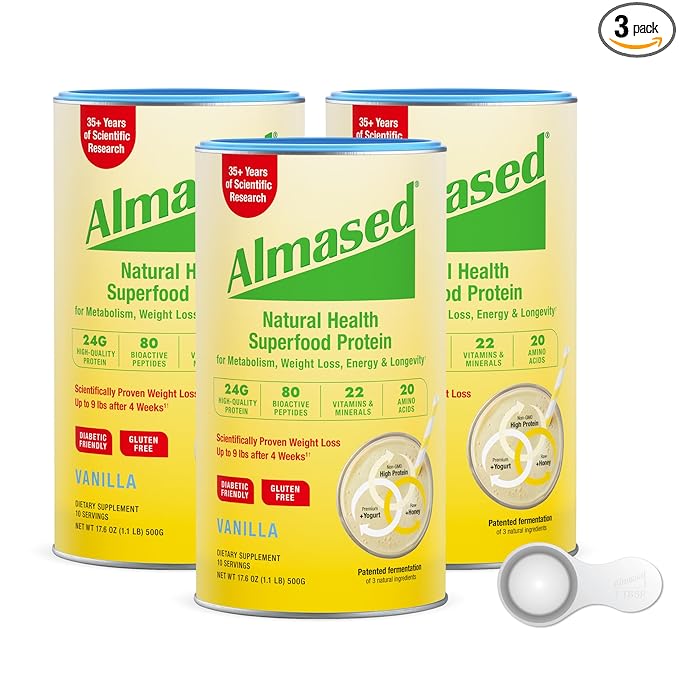 Almased Protein Powder for Weight Loss Kit for Men & Women, Natural Meal Replacement Shake for Weight Loss, Supplement, 24 Grams of Protein Per Serving (Almond Vanilla Flavor, 3 Cans @ 17.6 oz ea + Scoop)