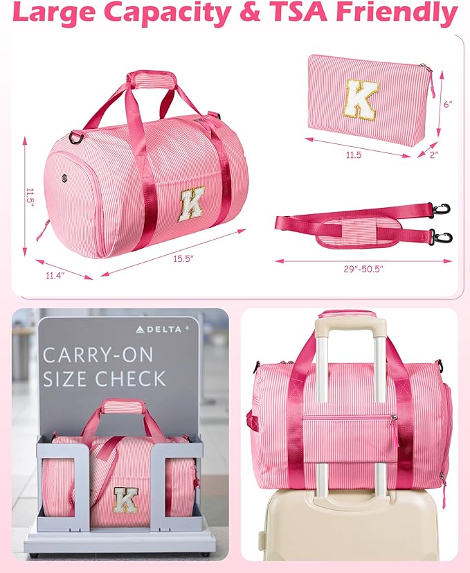 Gift for 5 6 7 8 9 Year Old Girls, Girl Gym Bag, Kids Initial Overnight Duffel Bags with Shoe Compartment, Personalized Travel Bag with Makeup Pouch, Weekend Trips Essentials (Letter K)