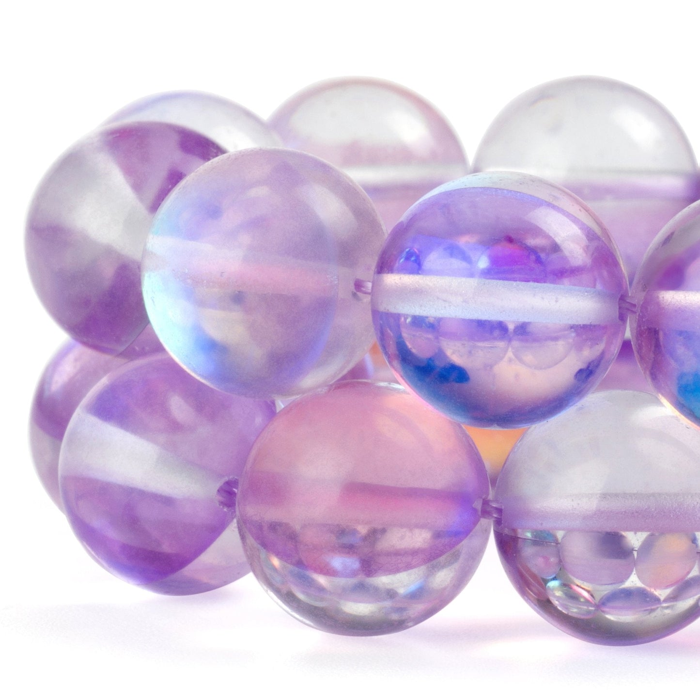 RUBYCA Round Moonstone Crystal Glass Beads Aura Iridescent for Jewelry Making (1 Strand, 10mm, Purple)
