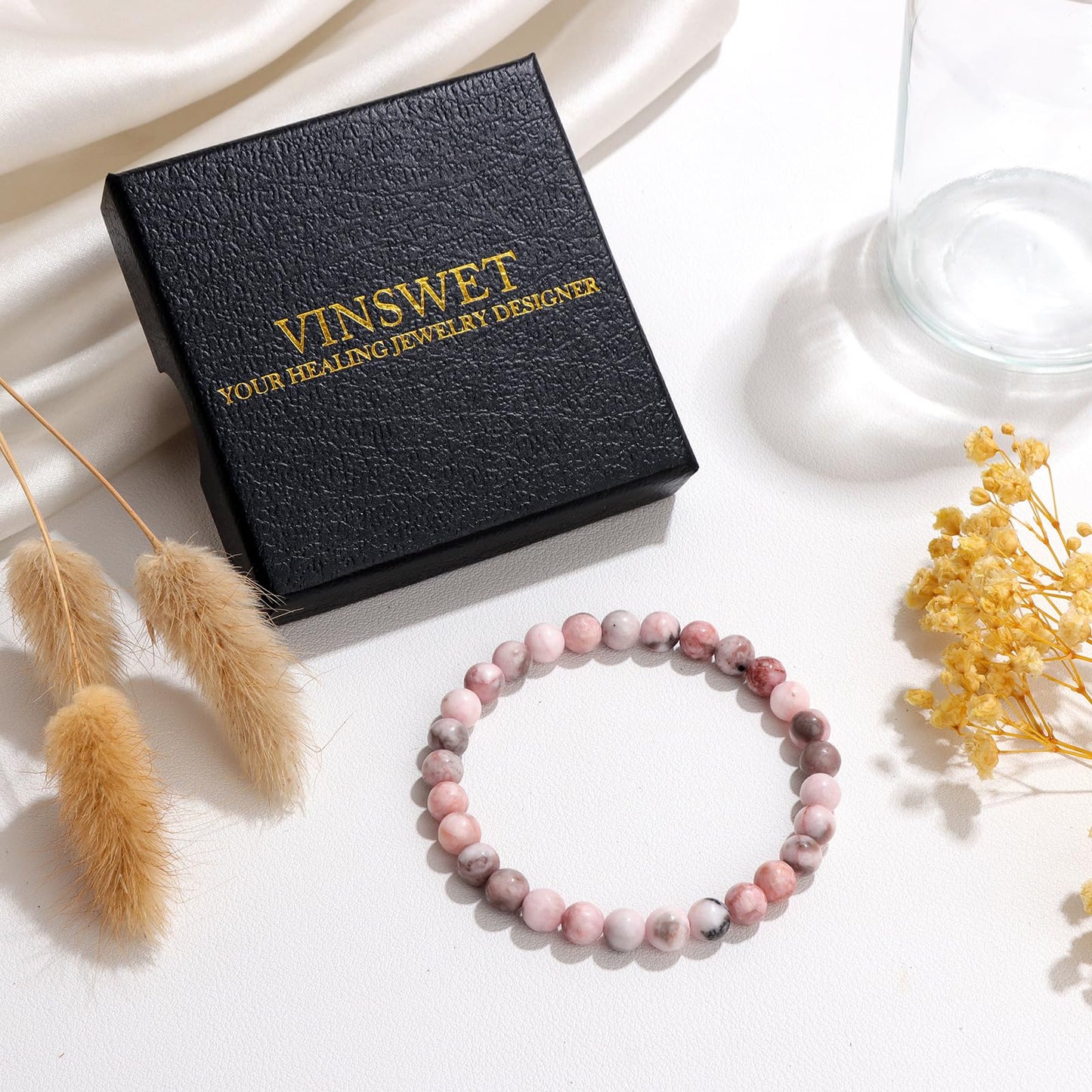Vinswet Healing Crystal Bracelets for Women Men 6mm Zebra Natural Stone Beaded Stretch Bracelet Handmade Gemstone Reiki Spiritual Jewelry Gifts