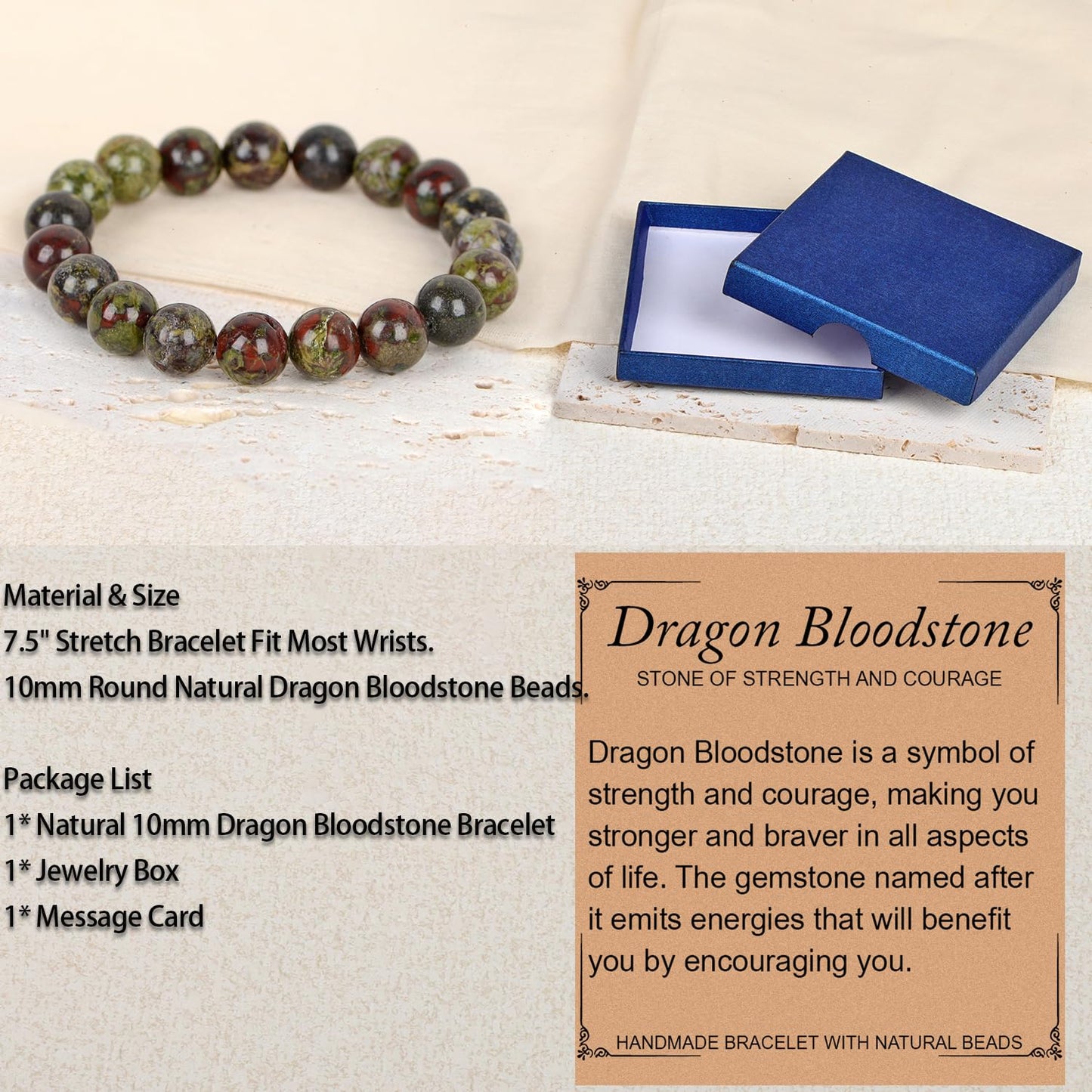 LPBeads Handmade Natural Gemstone Stretch Elastic 10mm Dragon Bloodstone Bracelet Healing Crystal Round Stone Beads Jewelry Gifts for Women Men