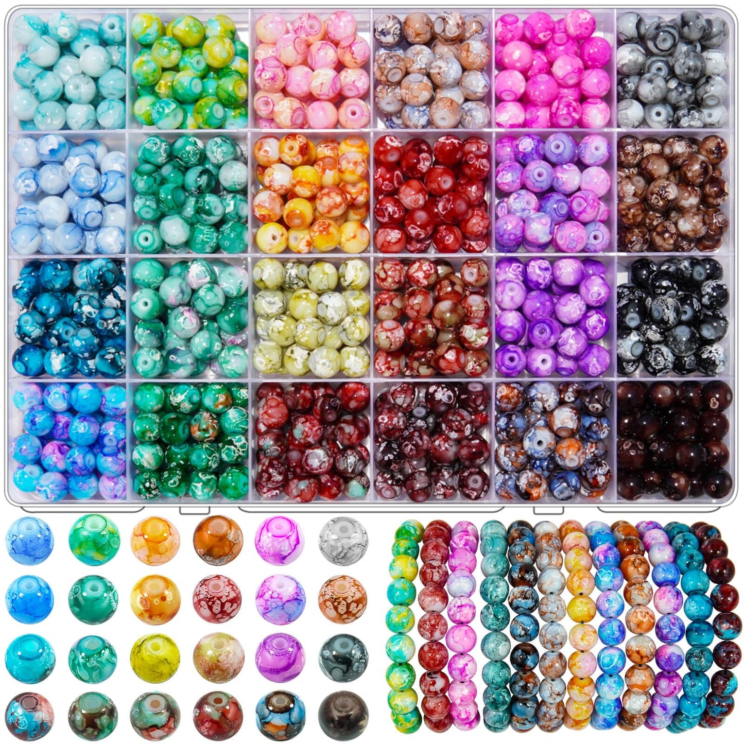 Glass Beads for Jewelry Making, 600pcs 8mm Glass Crystal Pattern Beads 24 Colors Snowflake Marble Gemstone Beads Imitation Jade Craft Charms for DIY Earrings Necklace Bracelet (Snowflake Crystal Bead)