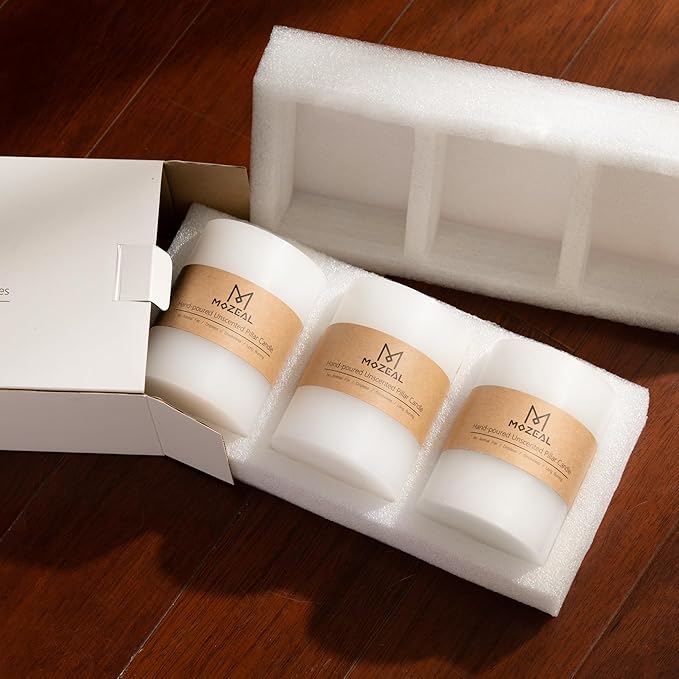 MOZEAL 3" x 6" Hand-Poured Unscented Candle,Dripless Pillar Candle Set of 3,Long Lasting Burning,Approx 120 Hours Burn Time,Rustic Country Style,for Wedding,Dinner,Christmas and Home Decor,Ivory