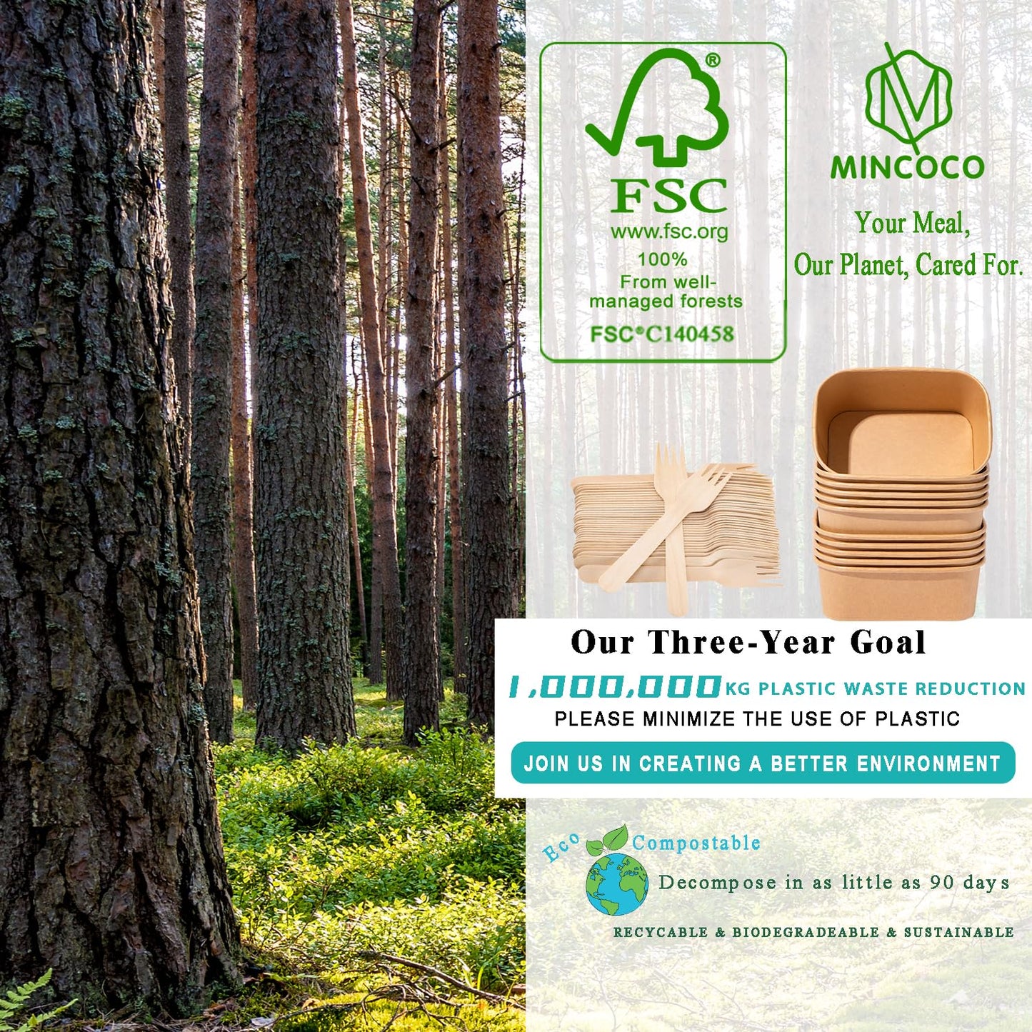 MINCOCO 50 Count Paper Bowls Disposable Meal Prep Containers with Lids【Includes 50 Wooden Forks + 100 Labels】 Salad Food Containers Freezer & Microwave Safe Leakproof Soup Bowls (19 Ounce, 50-Count)