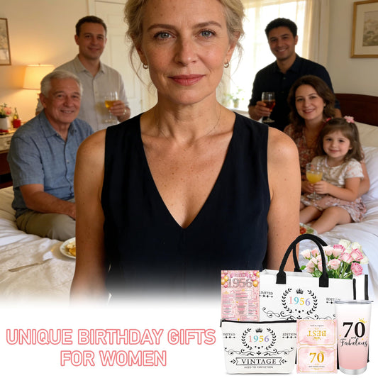 Sitsink 70th Birthday Gifts for Women, 1956 Vintage Limited Edition Gift Set for Women Turning 70, Includes Tote Bag, Makeup Bag, Tumbler & Card, Rose Gold Birthday Gift Box for Her