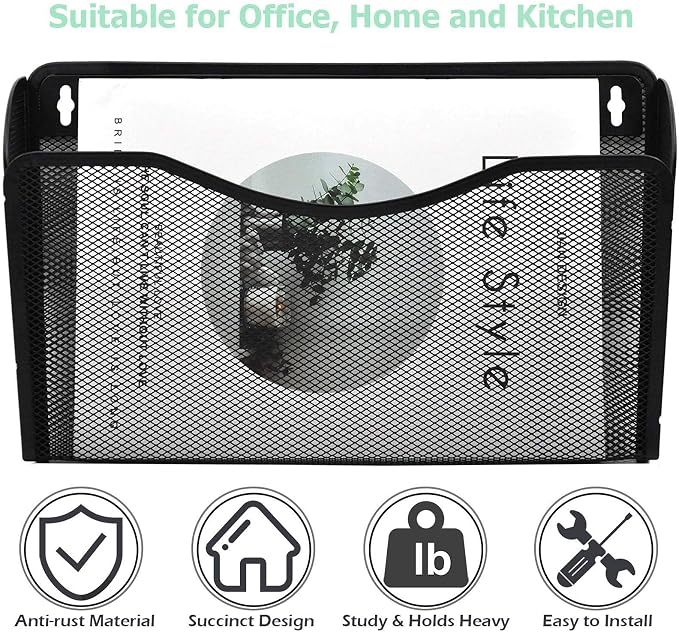 EASEPRES 6 Single Pocket Mesh Hanging File Organizer, Vertical Wall Mounted Magazine File Holder, Mount Basket Mail Paper Document Folder Organizing for Office, Home and School, Black