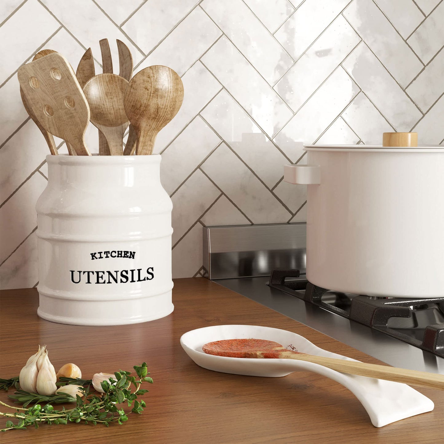 Barnyard Designs Ceramic Farmhouse Utensil Holder for Kitchen Counter, Large Rustic Utensil Crock, Countertop Cooking Tool Spatula Organizer, 6.75” (White)