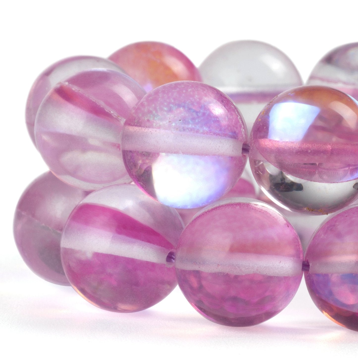 RUBYCA Round Moonstone Crystal Glass Beads Aura Iridescent for Jewelry Making (1 Strand, 6mm, Pink)