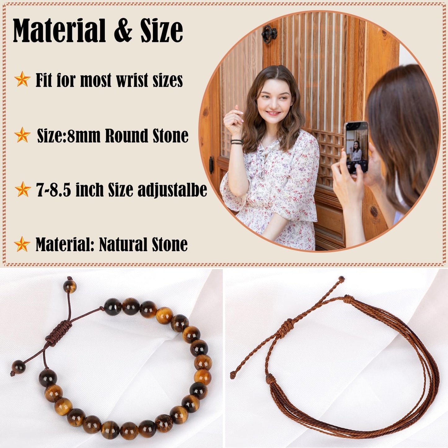 LPBeads 8mm Yellow Tiger's Eye Bracelet with Handmade Rope Bracelet Size Adjustable Natural Stone Crystal Healing Bracelets Gifts for Unisex Adults