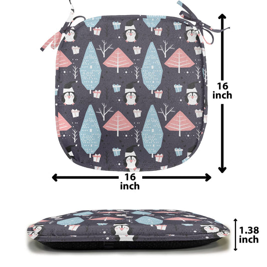 Lunarable Christmas Chair Seating Cushion, Winter Trees and Penguins with Gift Boxes Noel Happy New Year Theme, Anti-Slip Seat Padding for Kitchen & Patio, 16"x16", Pale Blue Pastel Pink