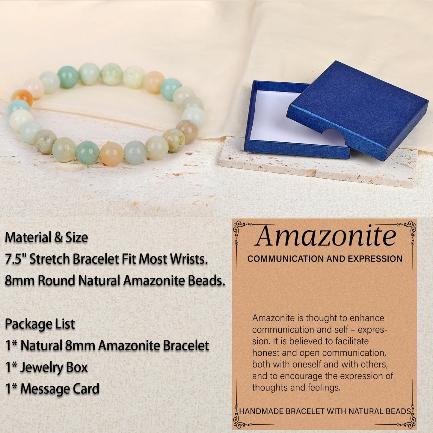 LPBeads Handmade Natural Gemstone Stretch Elastic 8mm Mulitcolor Amazonite Bracelet Healing Crystal Round Stone Beads Jewelry Gifts for Women Men