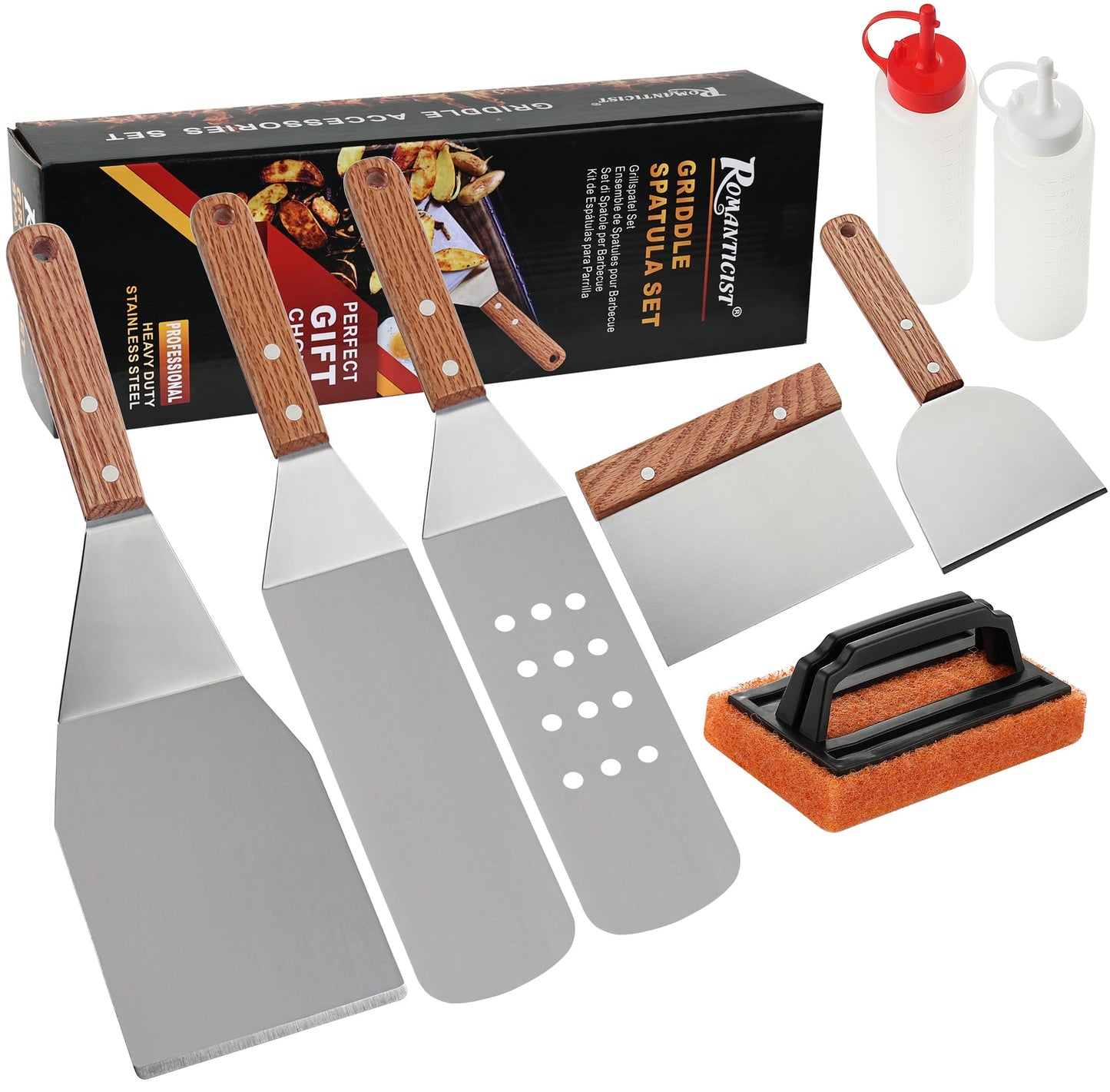 ROMANTICIST 8pcs Professional Griddle Accessories Kit - Heavy Duty Stainless Steel Grill Spatula Set for Grill Griddle Hibachi Flat Top Outdoor Cooking - Great Grill Gift on Birthday Wedding