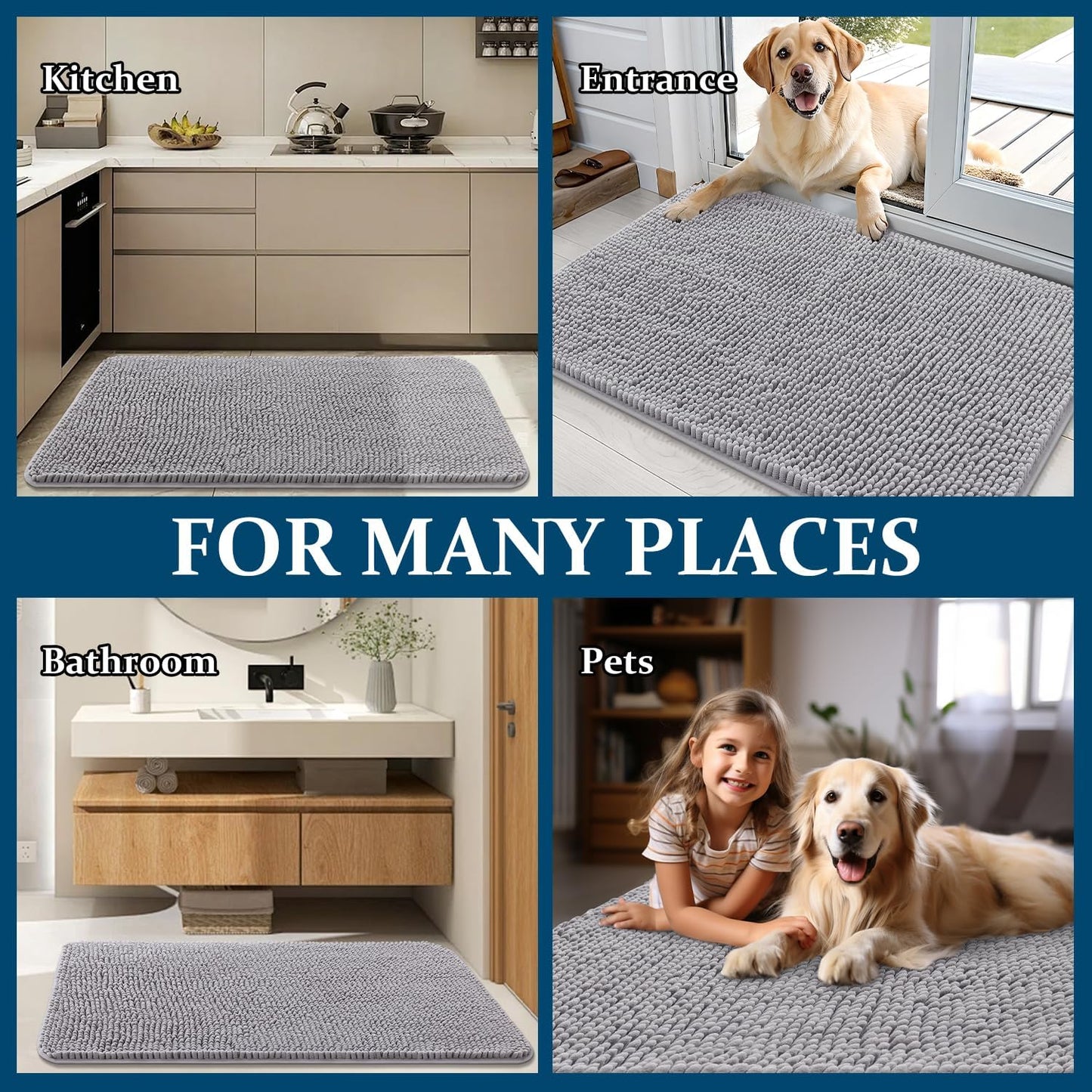 OLANLY Dog Door Mat - Absorbent Non-Slip Chenille for Muddy Paws | 44x24 Light Grey Indoor Doormat