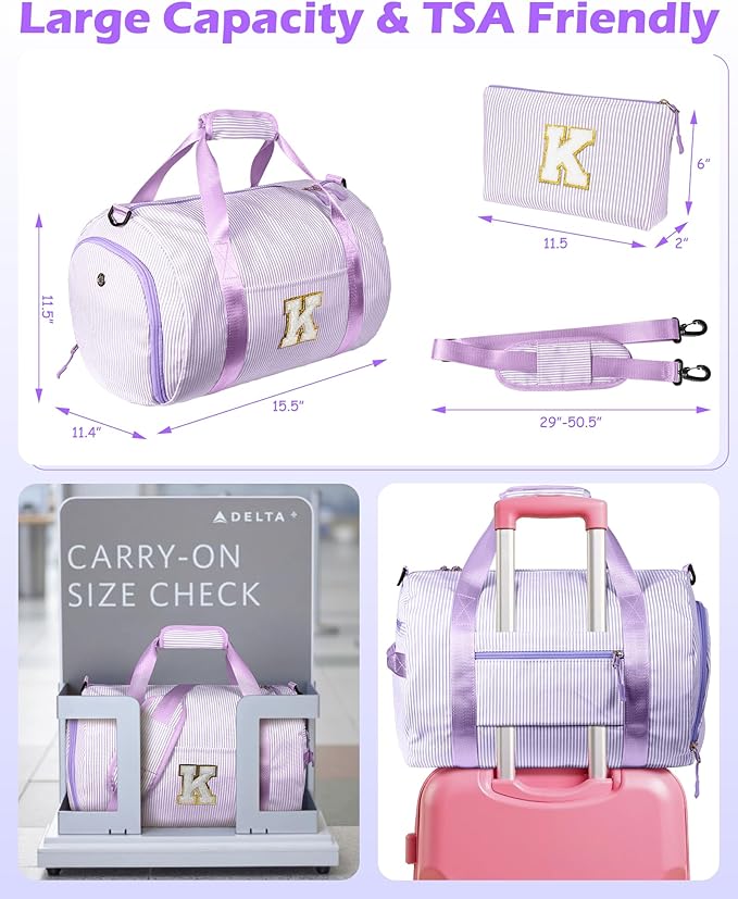 Dorm Room Essentials for Girls, Girl Gym Bag, Kids Initial Overnight Duffel Bags with Shoe Compartment, Personalized Dance Bag with Makeup Pouch, Trendy Stuff for Preteen (Letter Q)