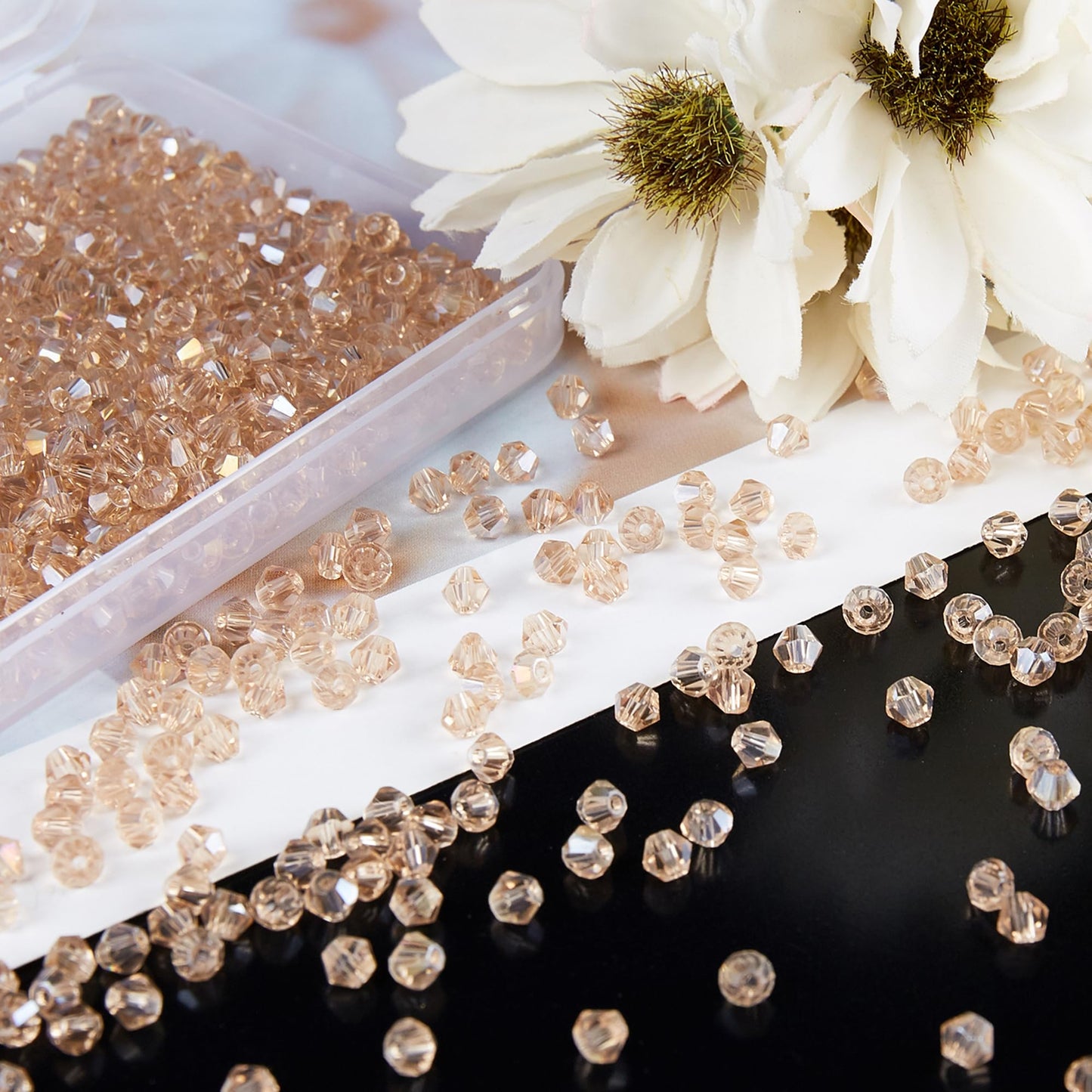 Laopottbeads 1100PCS 4mm Bicone Crystal Glass Beads for Jewelry Making, Sparkling Mini Beads for Suncatchers, DIY Bracelets & Craft Projects (Champagne Silver)