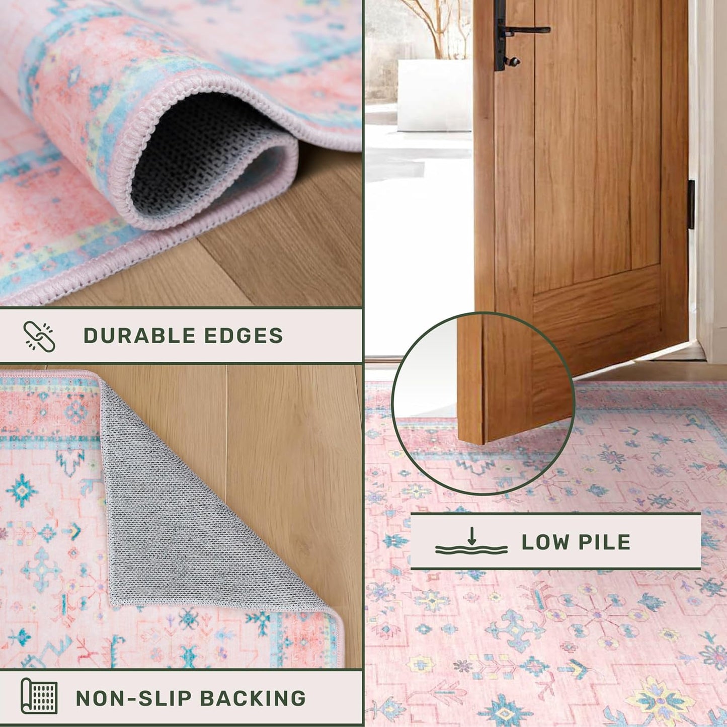 Oushak Rugs | Washable 8x10 Pink and Blue Floral Design | Soft Faux Wool, Non-Slip, Stain Resistant for Bedroom & Living Room