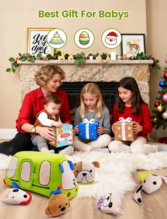 BizyKoady Baby Toys 6-12 Months - Sensory Toys Bus with Stuffed Puppies, Rattle, Crinkle Paper, Mirror & Squeaker, Montessori Toys for 6 Month Old Babies, Sensory Balls Toddlers 1-3