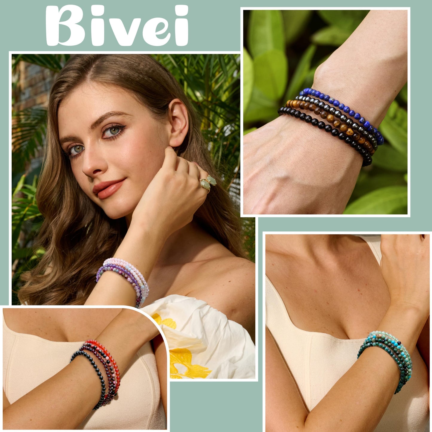 Bivei Amethyst - Calms - 4mm Beaded Bracelets for Women Handmade Semi Precious Natural Stone Stretch Elastic Jewelry Yoga Protection Gifts Small
