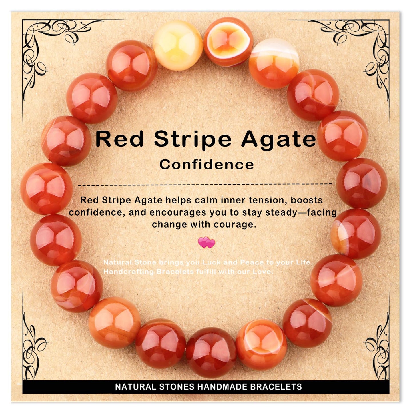 AD Beads 10mm Handmade Red Stripe Agate Elastic Bracelet – Natural Gemstone for Confidence – Meditation, Yoga, Healing and Energy Gift for Men Women