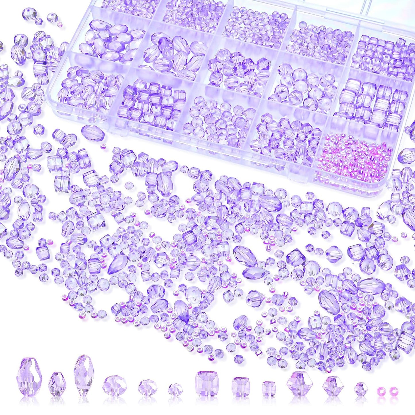 Laopottbeads 1500 Pcs Crystal Glass Beads for Jewelry Making – 12 Styles Bicone, Rondelle, Cube, Teardrop & 3mm Spacer Beads, DIY Bracelet Necklace Earring Craft Kit with Organizer Box(Light Purple)