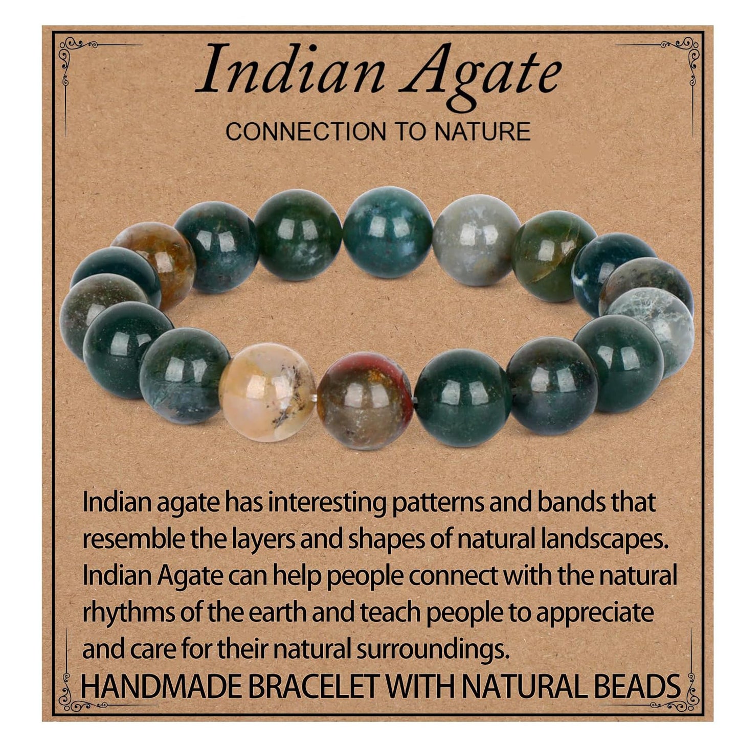 LPBeads Handmade Natural Gemstone Stretch Elastic 10mm Indian Agate Bracelet Healing Crystal Round Stone Beads Jewelry Gifts for Women Men