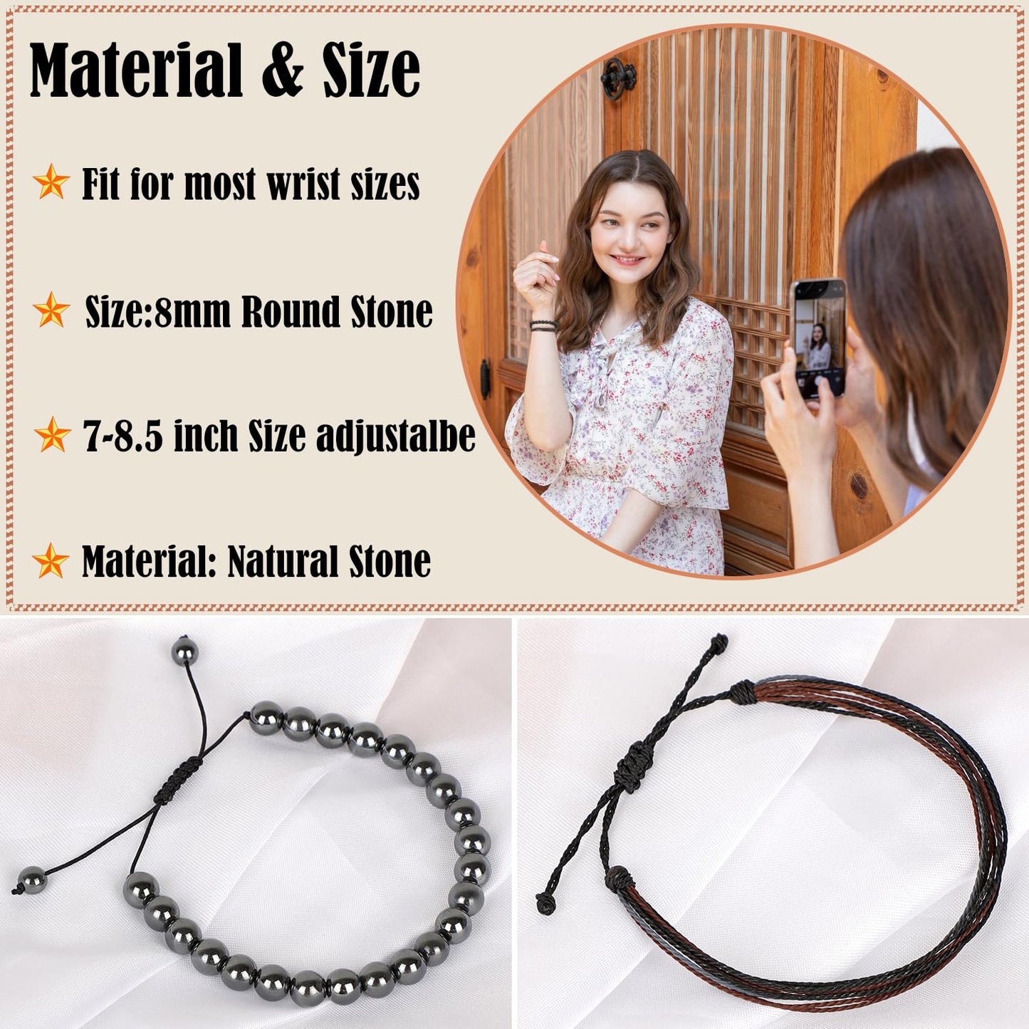 LPBeads 8mm Hematite Bracelet with Handmade Rope Bracelet Size Adjustable Natural Stone Crystal Healing Bracelets Gifts for Unisex Adults