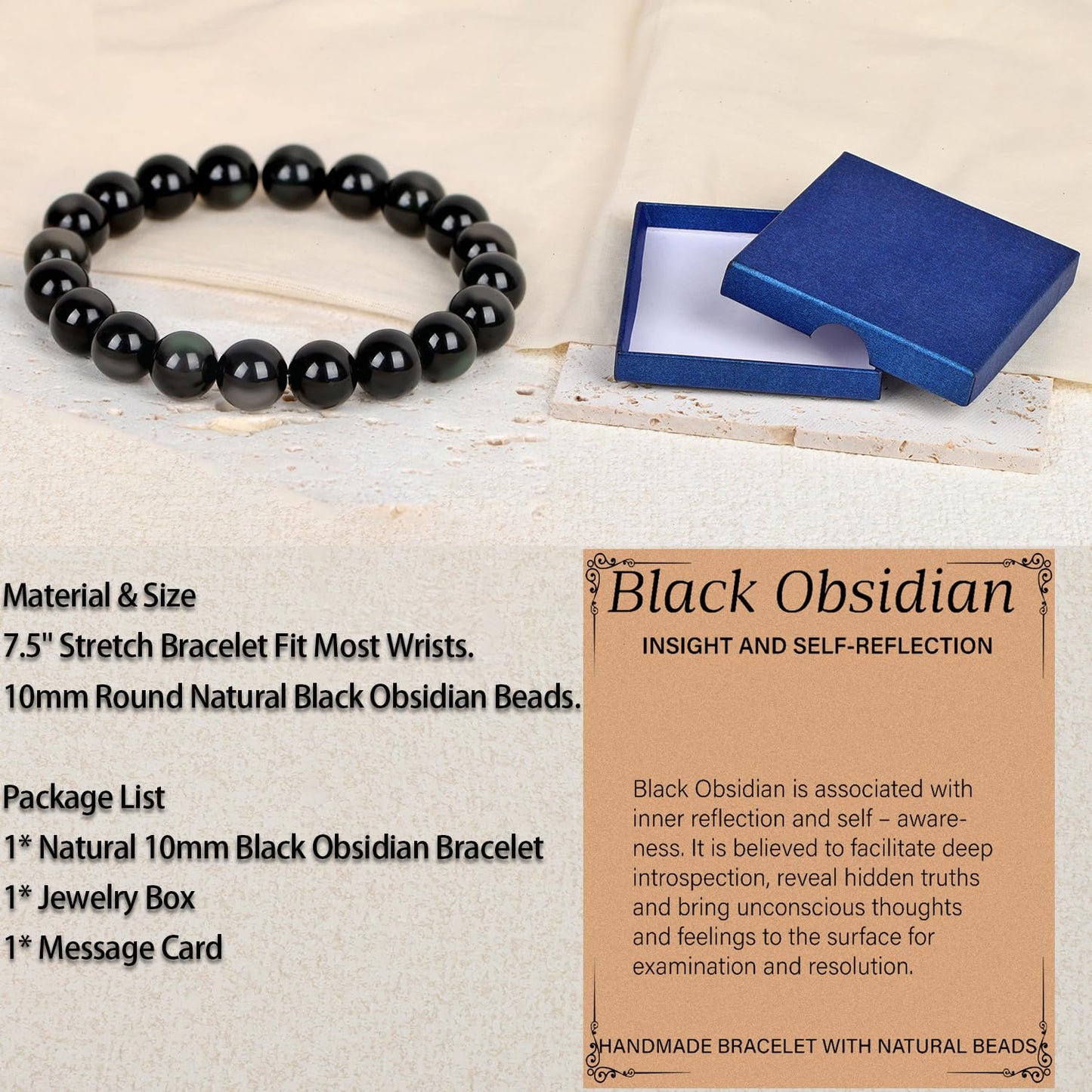 LPBeads Handmade Natural Gemstone Stretch Elastic 10mm Black Obsidian Bracelet Healing Crystal Round Stone Beads Jewelry Gifts for Women Men