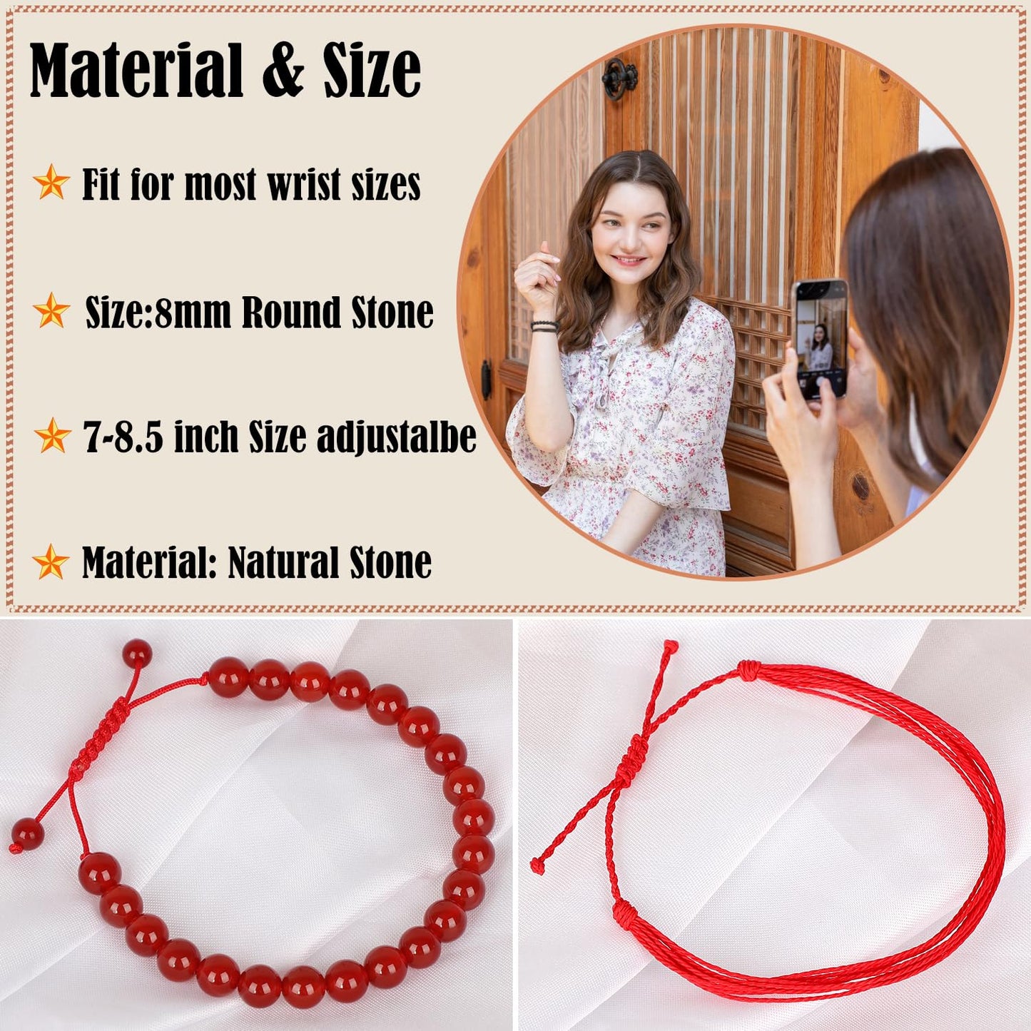 LPBeads 8mm Red Carnelian Bracelet with Handmade Rope Bracelet Size Adjustable Natural Stone Crystal Healing Bracelets Gifts for Unisex Adults