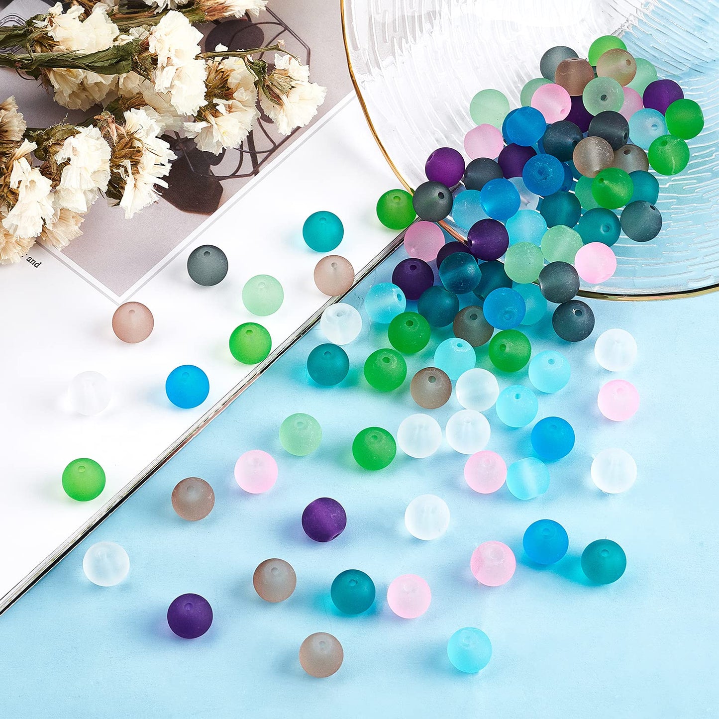 PH PandaHall 10mm Frosted Glass Beads 120pcs Bracelet Bead 10 Color Round Loose Beads Transparent Frosted Crystal Bead for Necklace Bracelet Earring Jewelry Making
