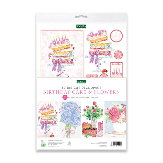 Katy Sue Designs Birthday Cake & Flowers 3D Die-Cut Decoupage Sheets for Card Making. A Pack of 12 Sheets of Birthday & Floral-Themed Die Cuts for Card Making Supplies & Scrapbooking