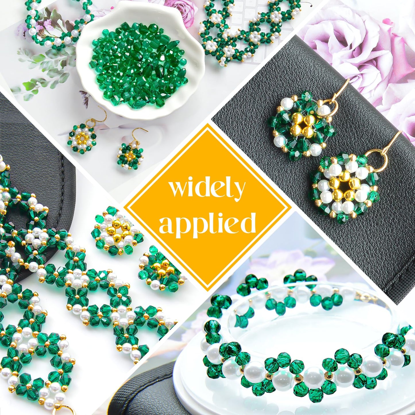 Laopottbeads 1500 Pcs Crystal Glass Beads for Jewelry Making – 12 Styles Bicone, Rondelle, Cube, Teardrop & 3mm Spacer Beads, DIY Bracelet Necklace Earring Craft Kit(Malachite Green)